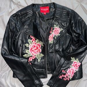 Guess Vegan Leather Motorcycle Jacket With Embroidered Flower Details